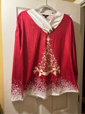 Festive Red & White Holiday Tree Pullover Top. Size L